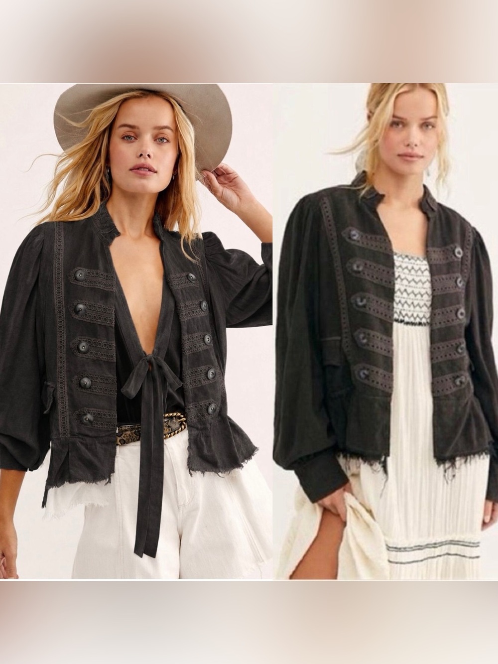 Free People Ariana Embroidered Military Jacket in Wash Black Size Medium